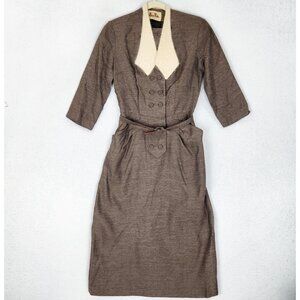 Vintage Minx Modes Dress Womens XS 1940s Tailored Belted Midi Sheath War Era